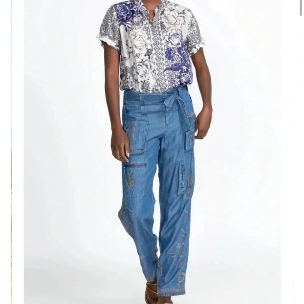 NWT Johnny Was Aventura baggy jeans, size 10. Cargo pockets and embroidery. - Picture 2 of 10